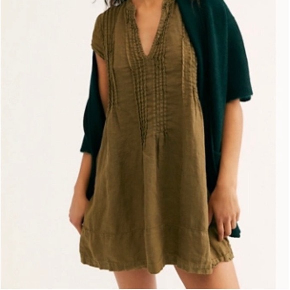 Free people CP Shades Yoko Tunic tan linen pleated tunic shirt dress size large - Picture 1 of 7